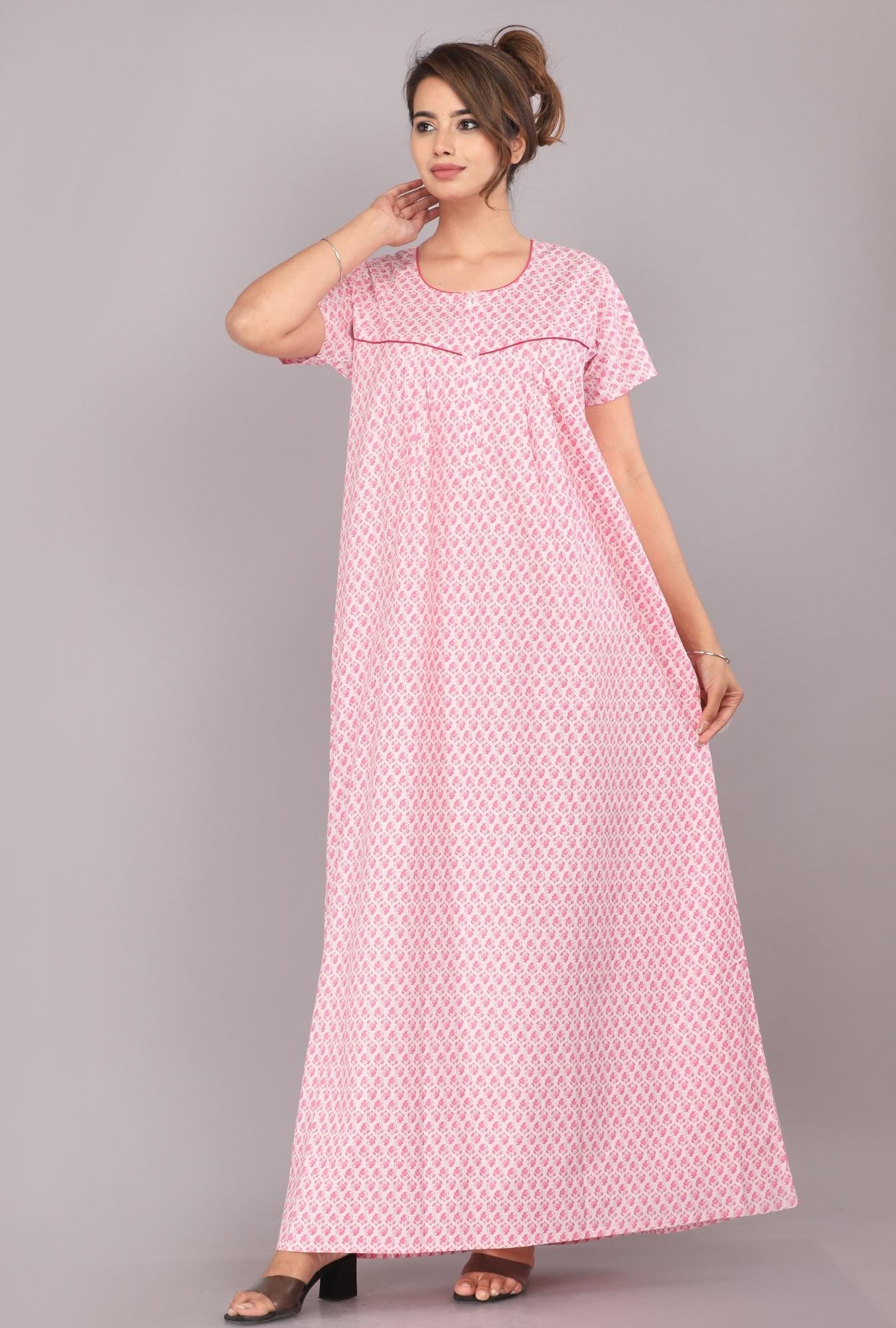 Dancing Flower Pink Cotton Printed Nightwear Gowns