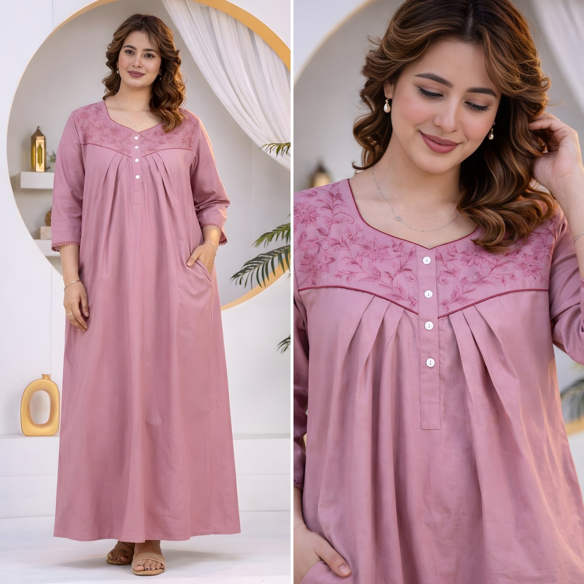 Dusty Rose Floral Embroidery Yoke Cotton Night Gown