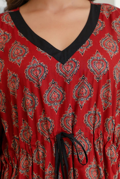 Ajrak Buta Maroon Printed Cotton Loungewear Kaftan