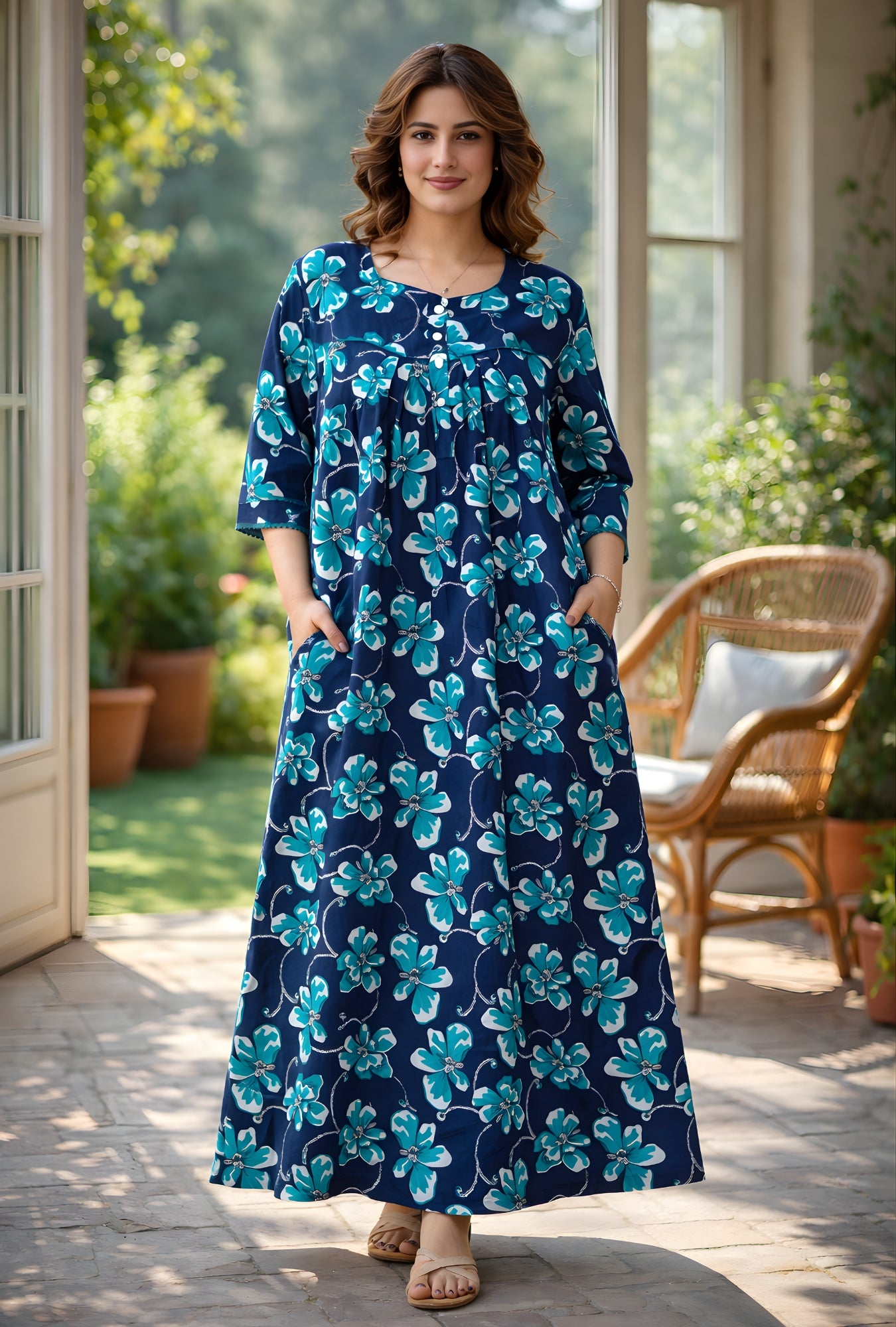 Ocean Bloom Blue Floral Cotton Night Gown