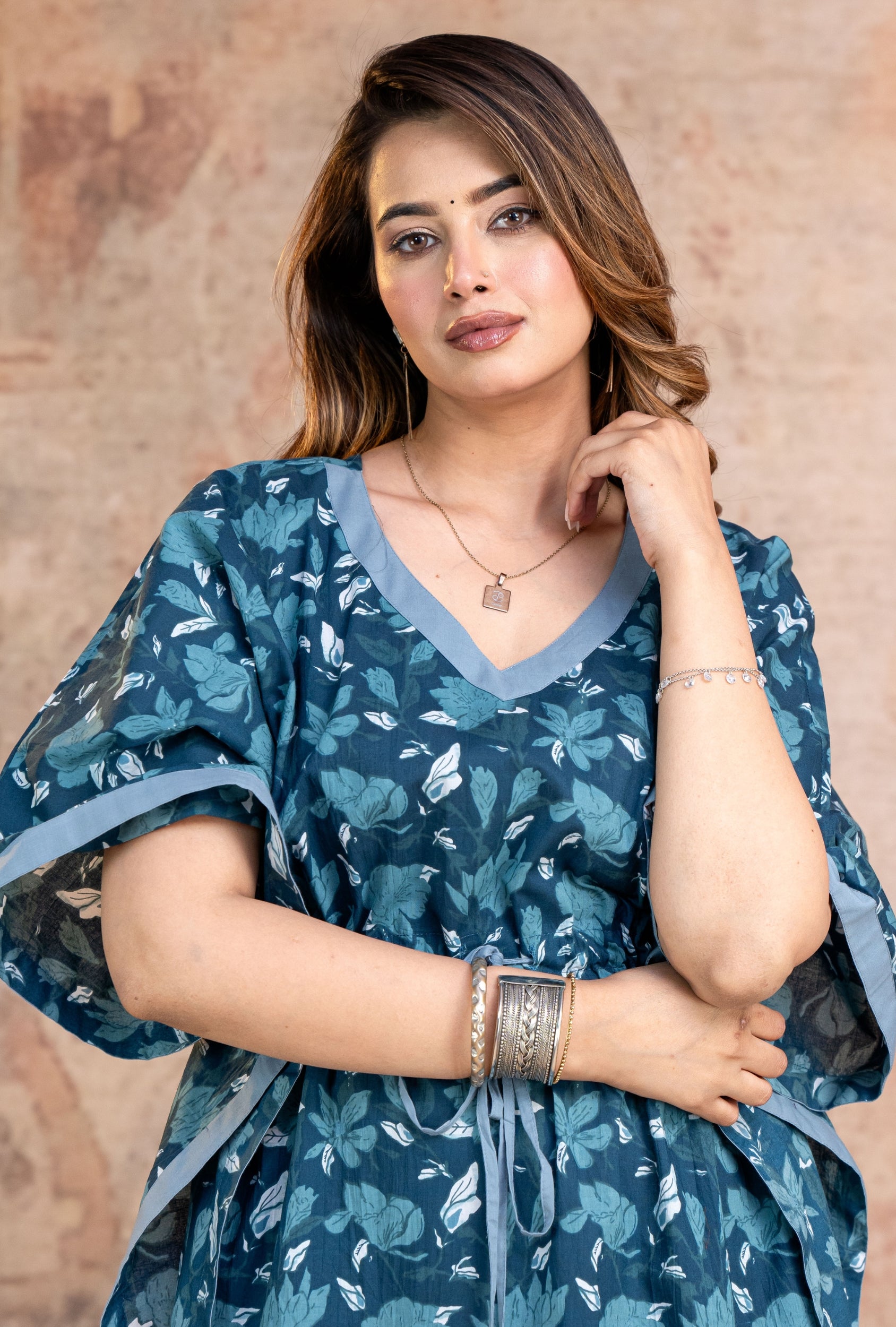 Lotus Leaves Navy Blue Loungewear Cotton Kaftan