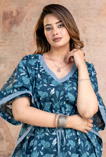 Lotus Leaves Navy Blue Loungewear Cotton Kaftan