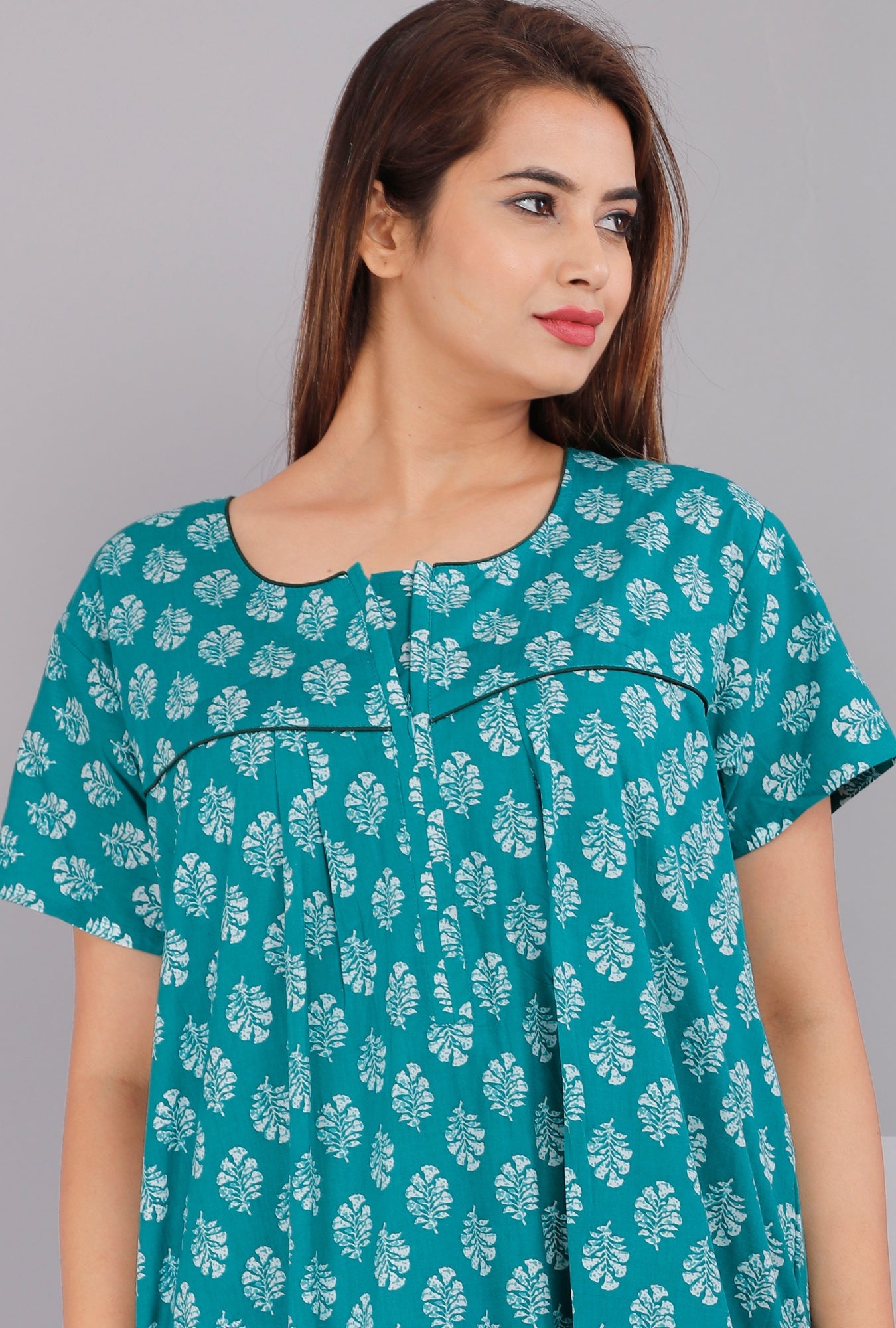 Gulmohar Sea Green Cotton Printed Nightwear Gowns