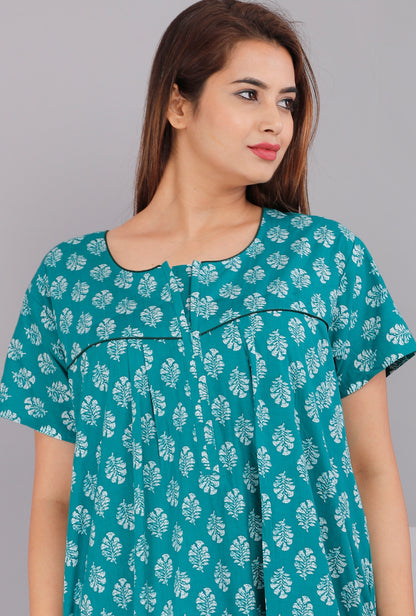 Gulmohar Sea Green Cotton Printed Nightwear Gowns