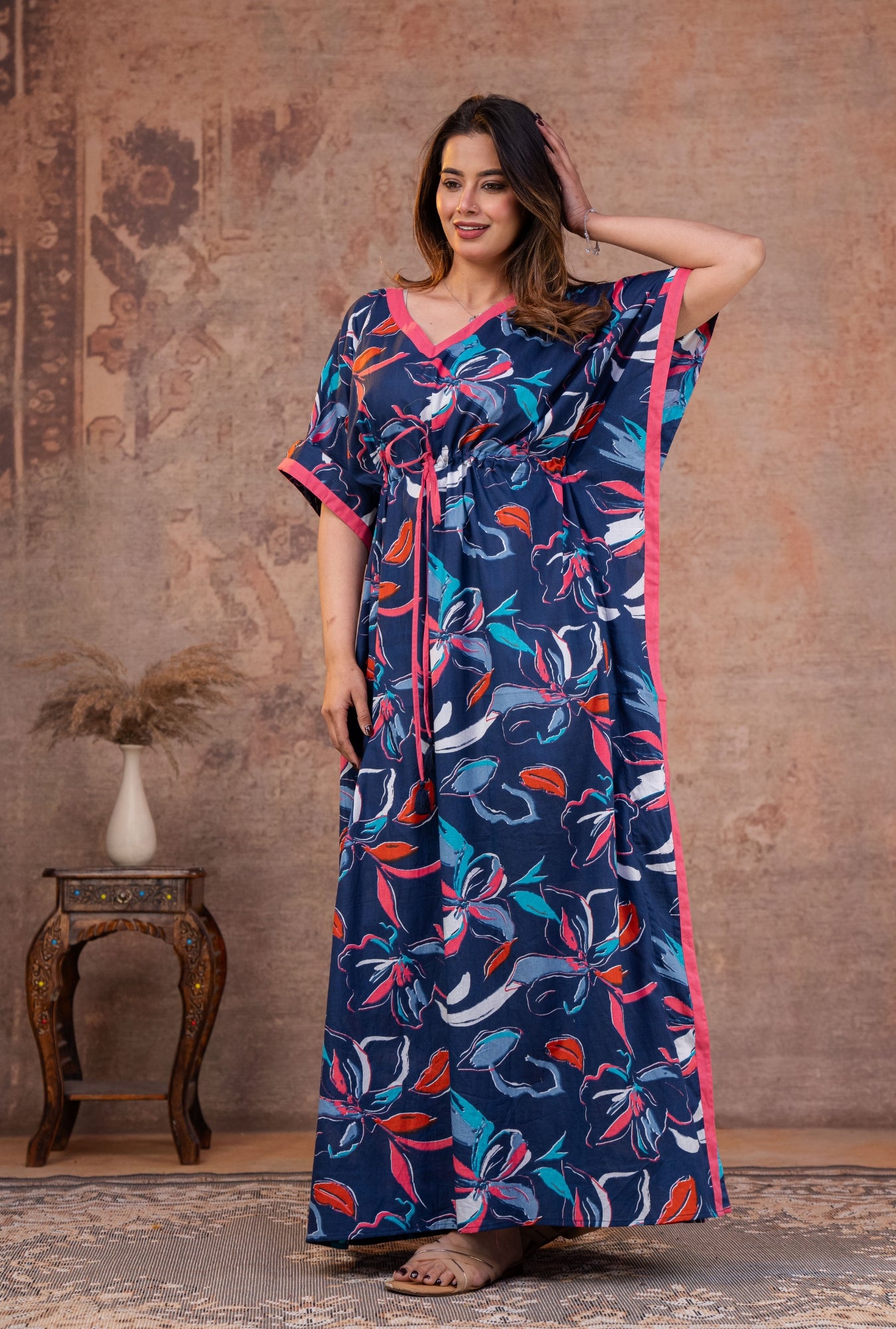 Gulnaar Floral Blue Loungewear Cotton Kaftan