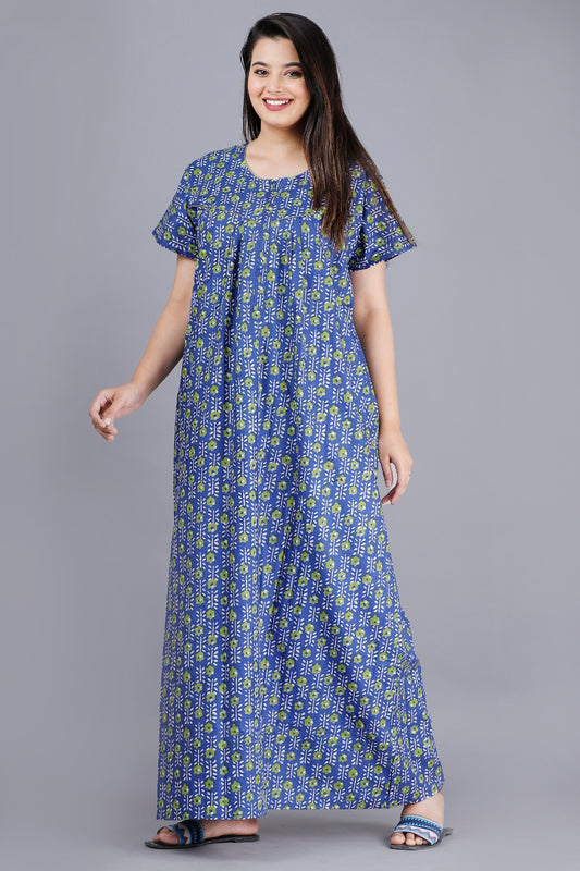 Flower Blue Cotton Nightwear Gowns