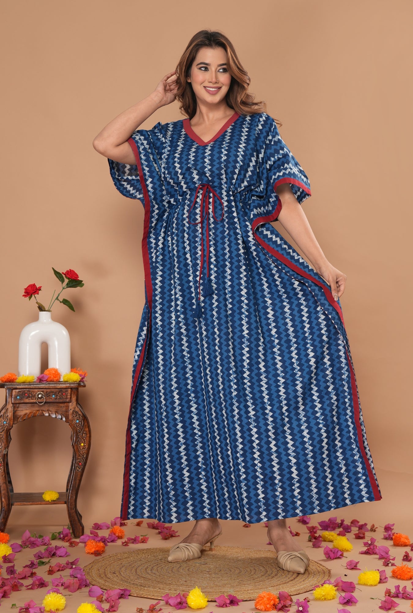 Indigo Lehariya Blue Printed Cotton Loungewear Kaftan