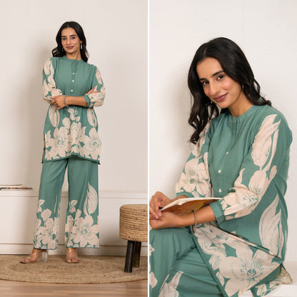 Cool Mint Sea Green Printed Cotton Co-ords Set