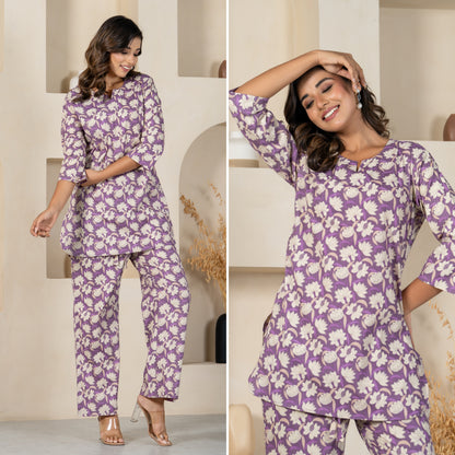 Violet Flora Print Cotton Loungewear set