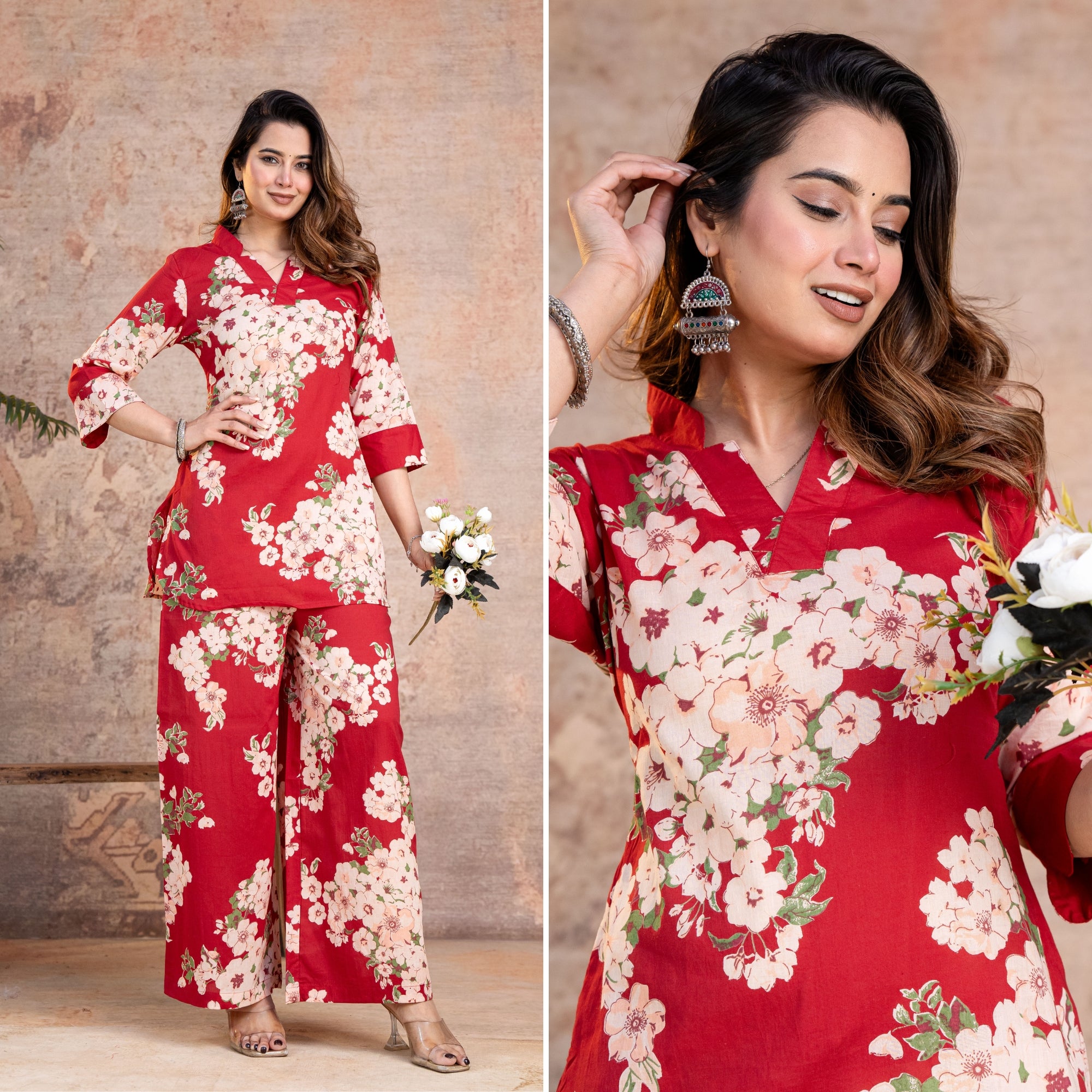 Rosella Red Printed Cotton Co-ords Set