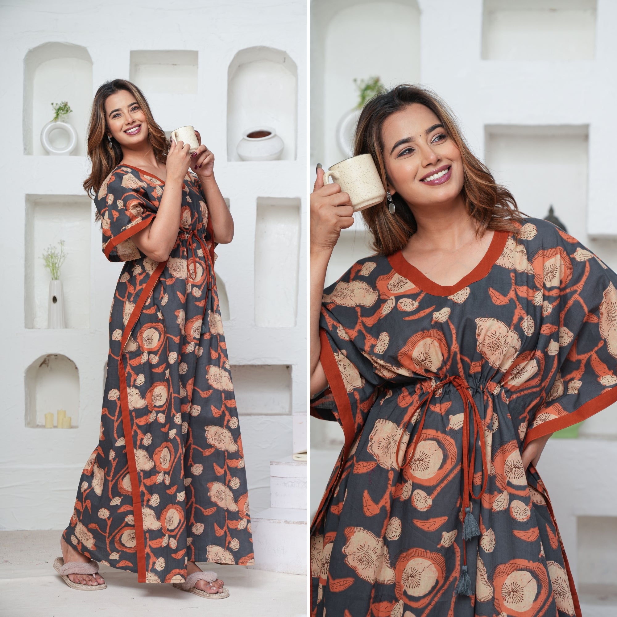 Poppy Flower Grey Loungewear Kaftan