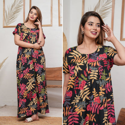 Neem Leaves Black Cotton Printed Nightwear Gowns