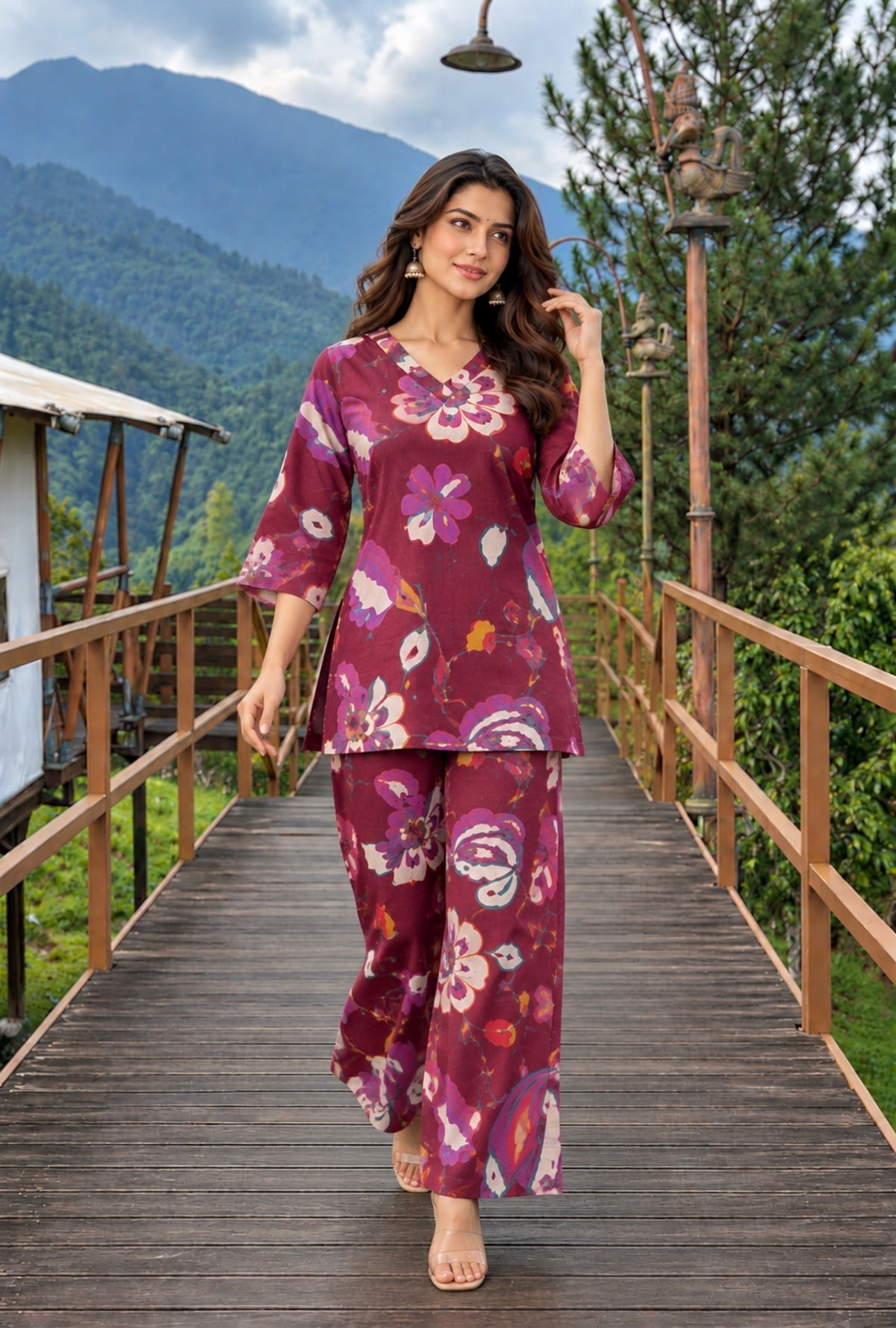 Sapphire Jardin Wine Printed Cotton Co-ords Set