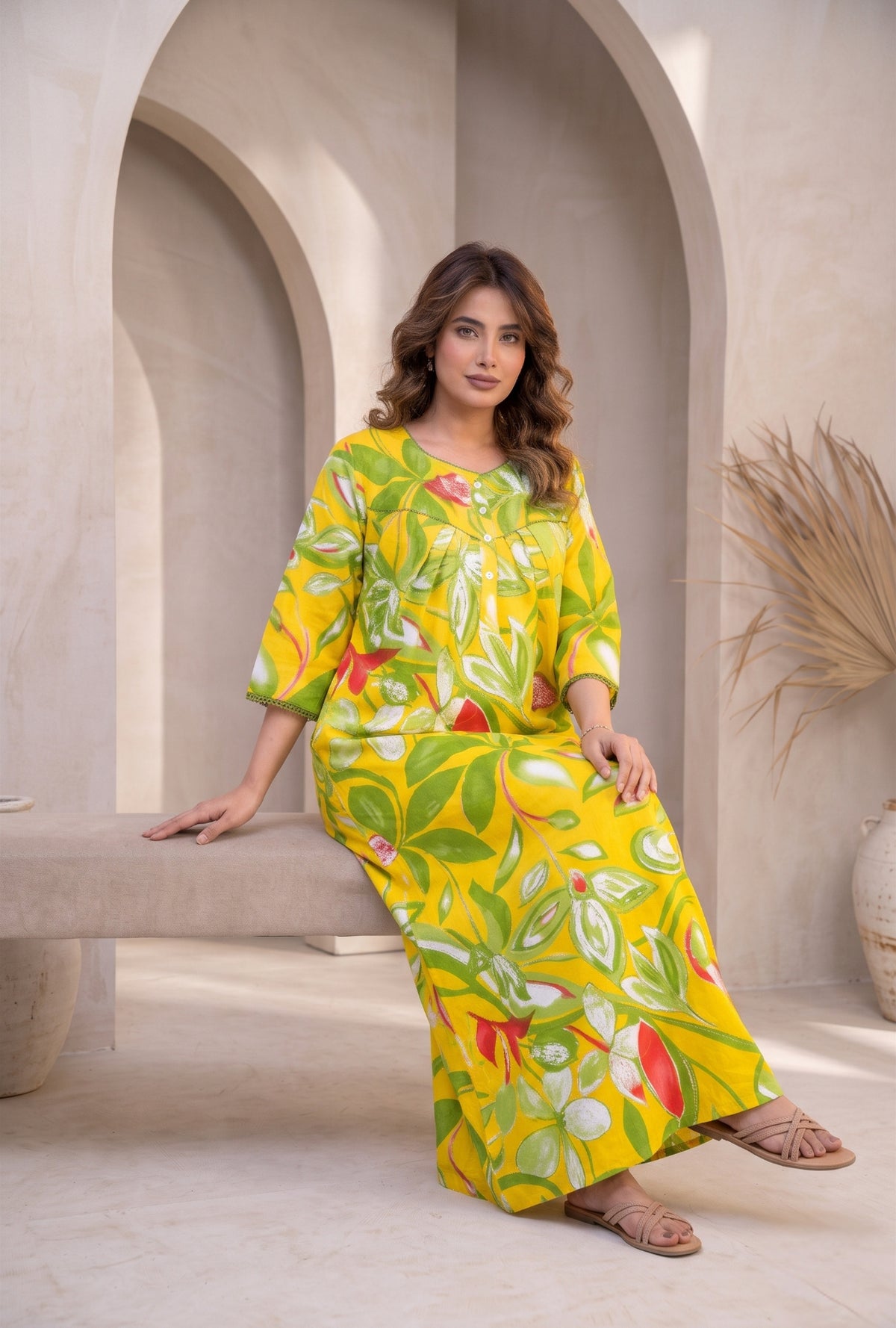 Tropical Breeze Yellow Floral Cotton Night Gown
