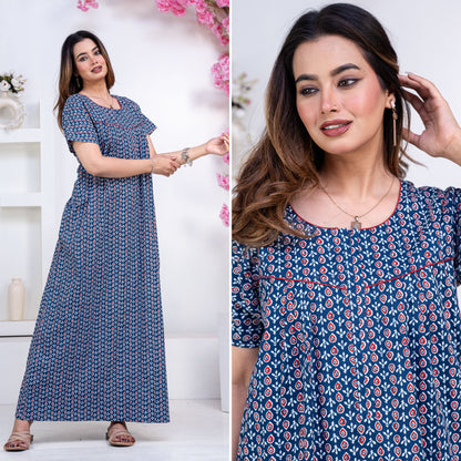 Drop Buti Blue Cotton Printed Nightwear Gowns