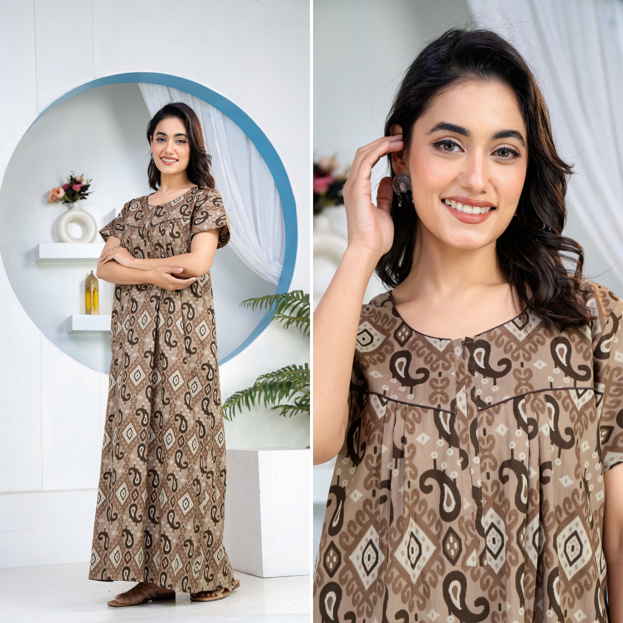 Ikkat Kairy Coffee Cotton Printed Nightwear Gowns