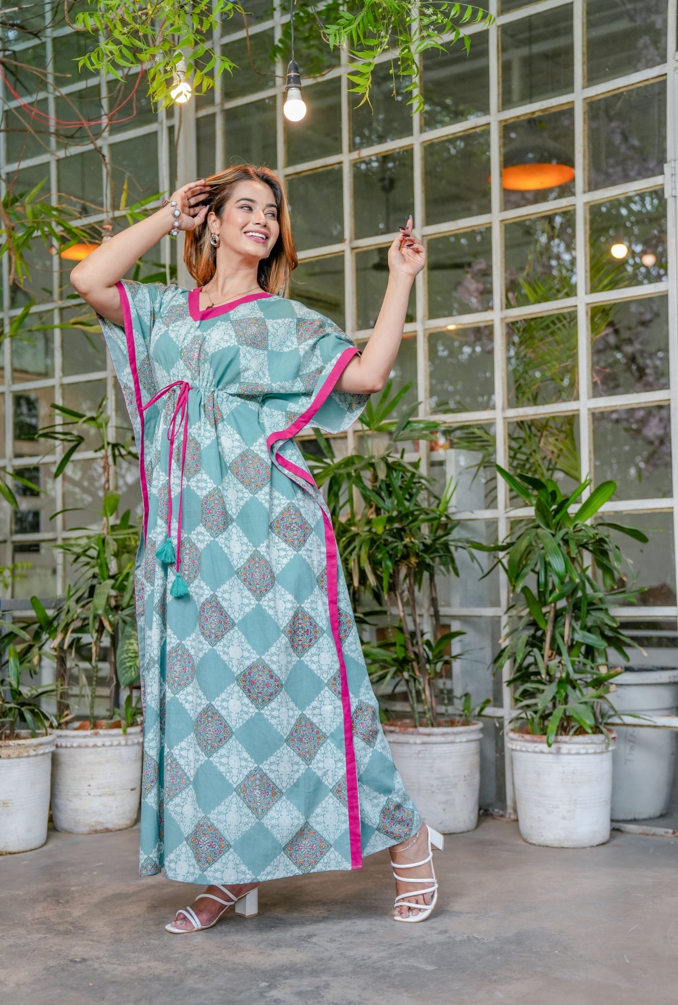 Pastel Bloom Sea Green Cotton Loungewear Kaftan