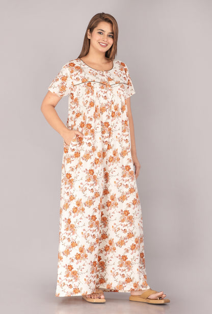 Wasp Flower Cream Cotton Printed Nightwear Gowns