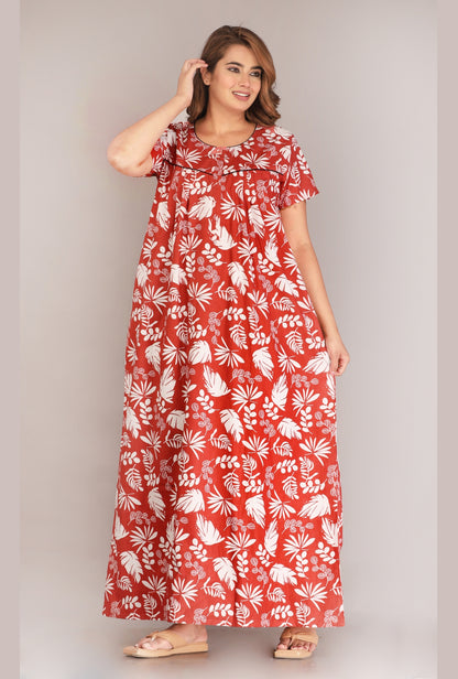 Pine Leaf Rust Cotton Printed Nightwear Gowns