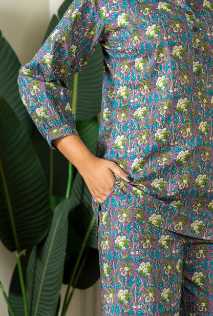 Kalamkari Purple Cotton Loungewear Co-ords Set