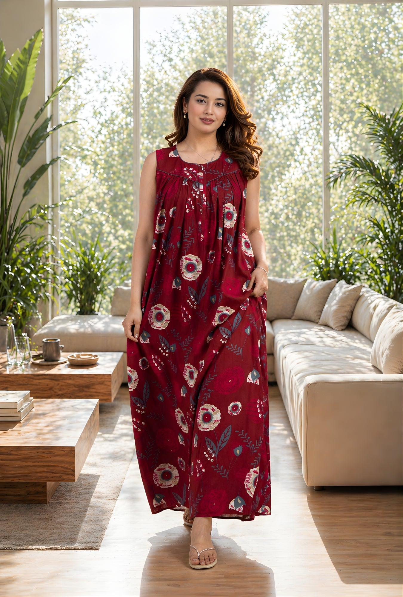 Ruby Petal Maroon Cotton Night Gown