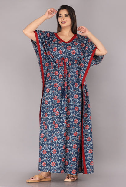 Ice Flower Navy Blue Cotton Loungewear Kaftan