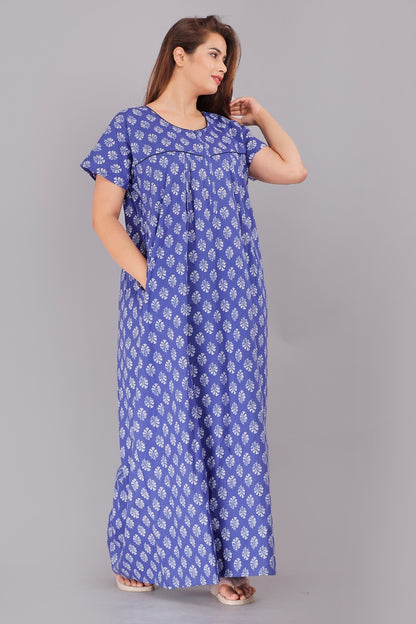 Gulmohar Blue Cotton Printed Nightwear Gowns