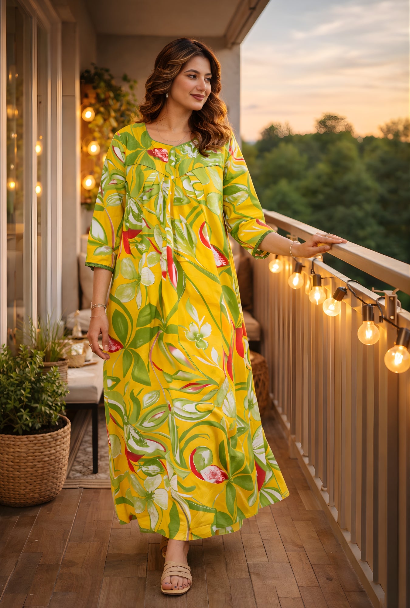 Tropical Breeze Yellow Floral Cotton Night Gown