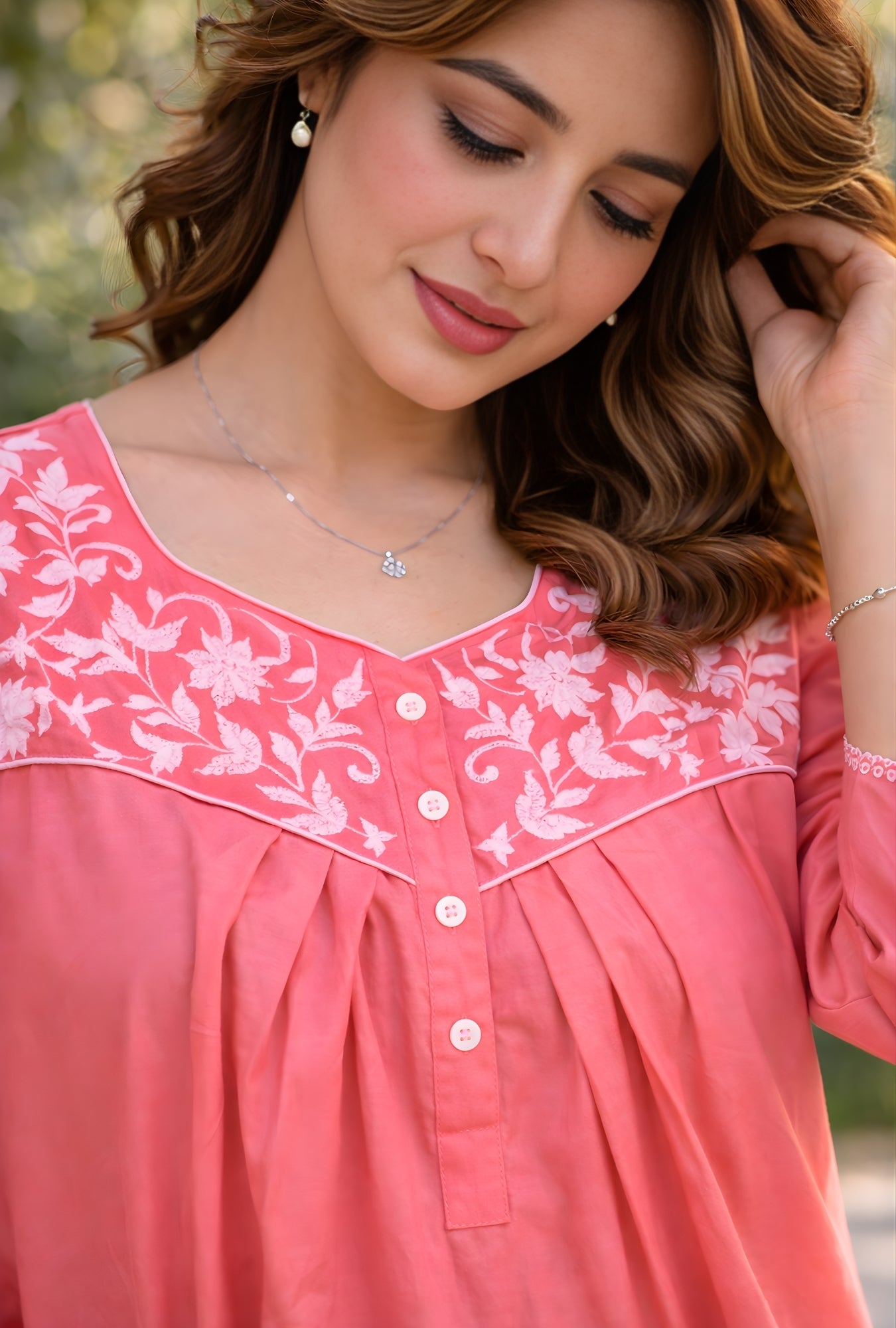 Flamingo Pink Floral Yoke Cotton Night Gown