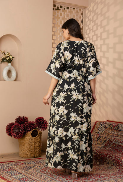 Black Botanica Printed Cotton Loungewear Kaftan