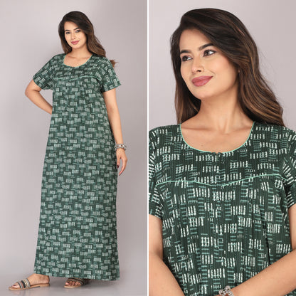 Daabu Print Bottle Green Cotton Printed Nightwear Gowns