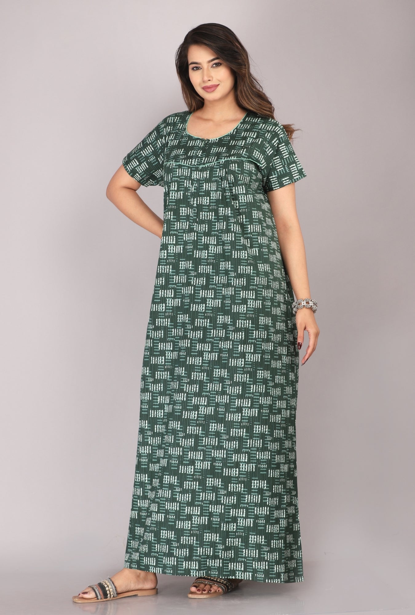 Daabu Print Bottle Green Cotton Printed Nightwear Gowns