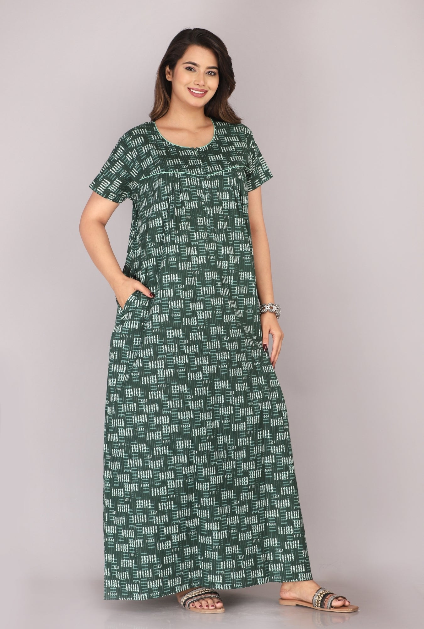 Daabu Print Bottle Green Cotton Printed Nightwear Gowns