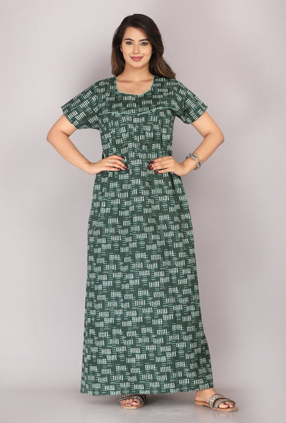 Daabu Print Bottle Green Cotton Printed Nightwear Gowns