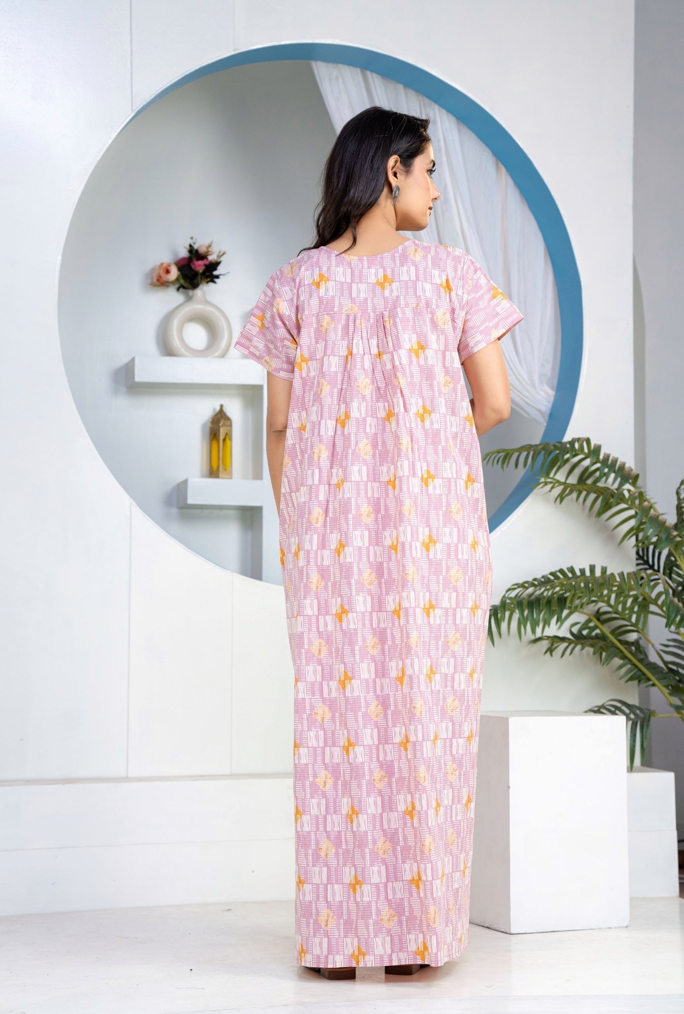 Grid Buta Mauve Cotton Printed Nightwear Gowns