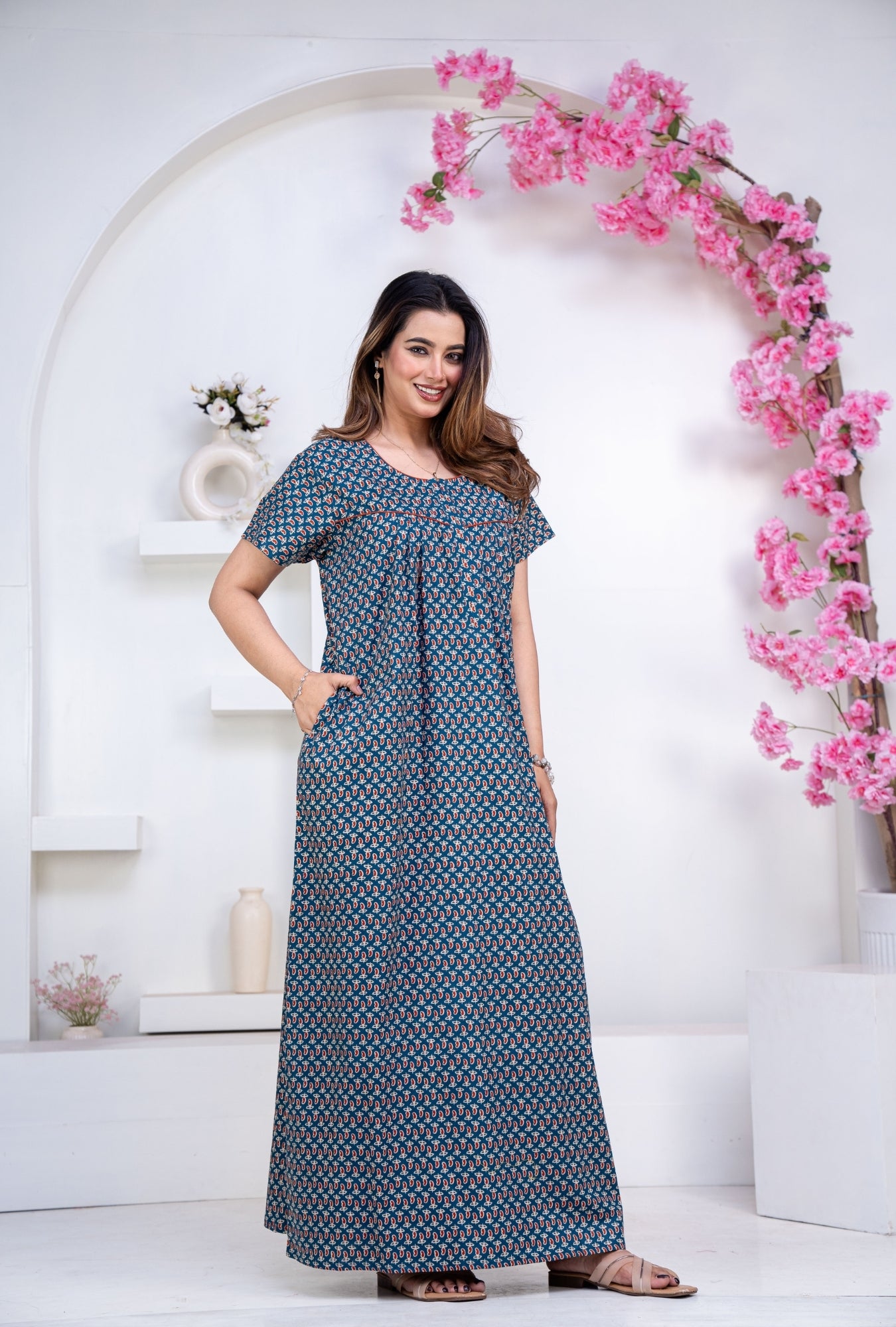 Mango Buti Teal Cotton Printed Nightwear Gowns