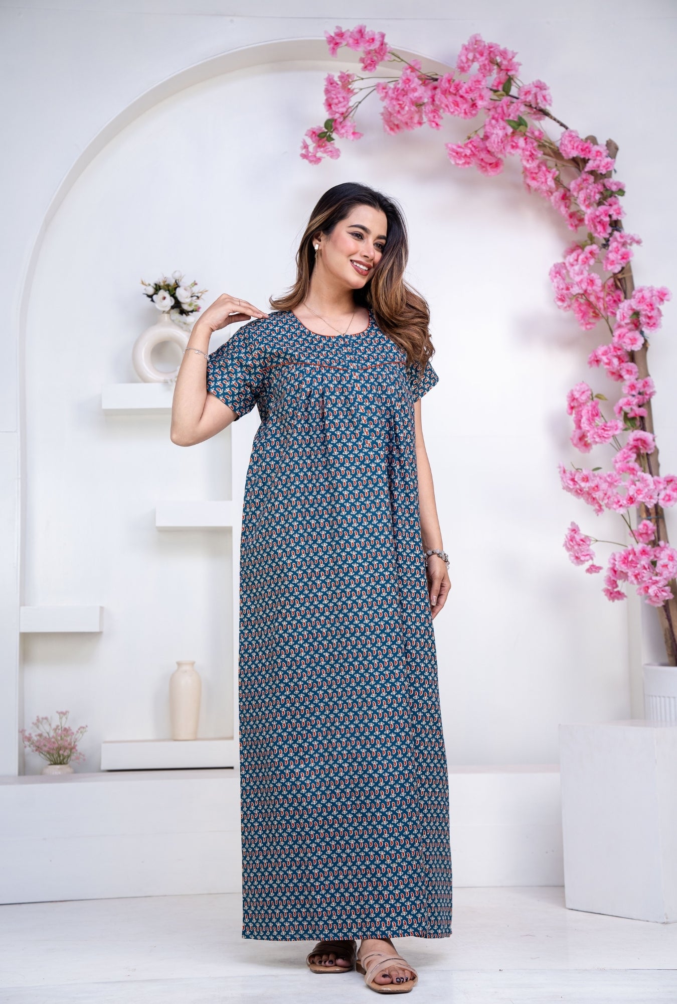 Mango Buti Teal Cotton Printed Nightwear Gowns