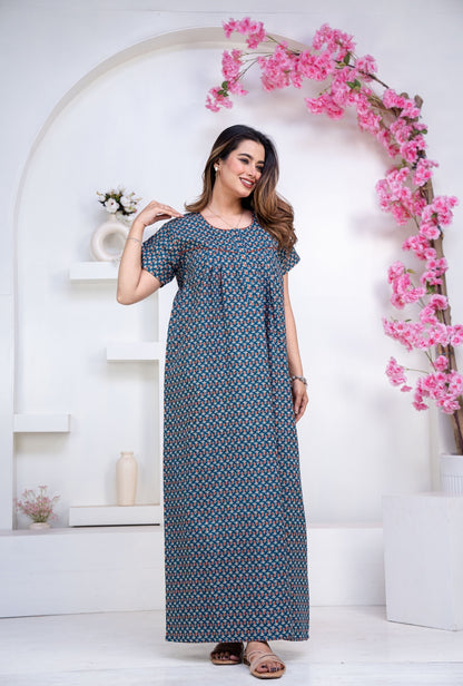 Mango Buti Teal Cotton Printed Nightwear Gowns