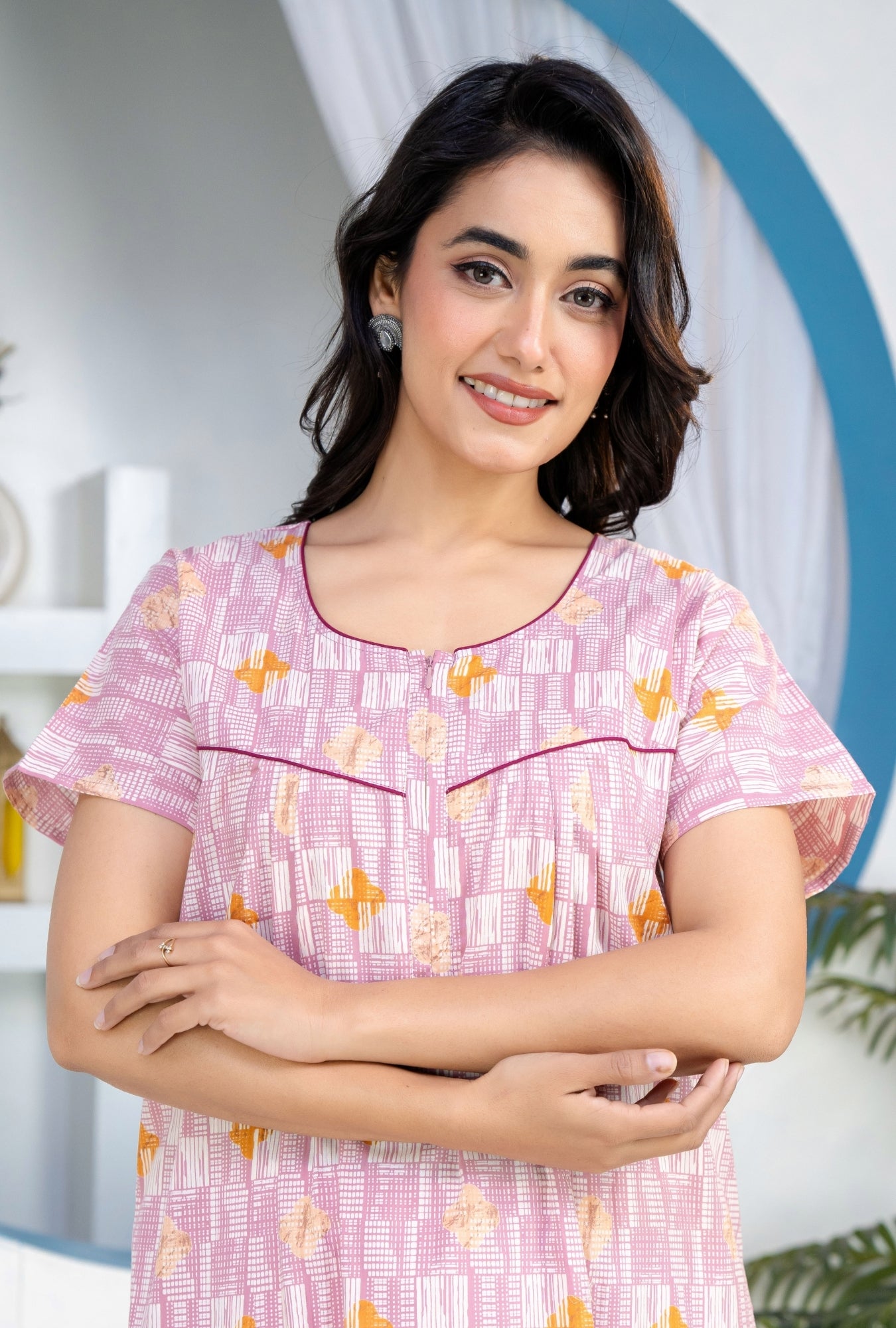 Grid Buta Mauve Cotton Printed Nightwear Gowns