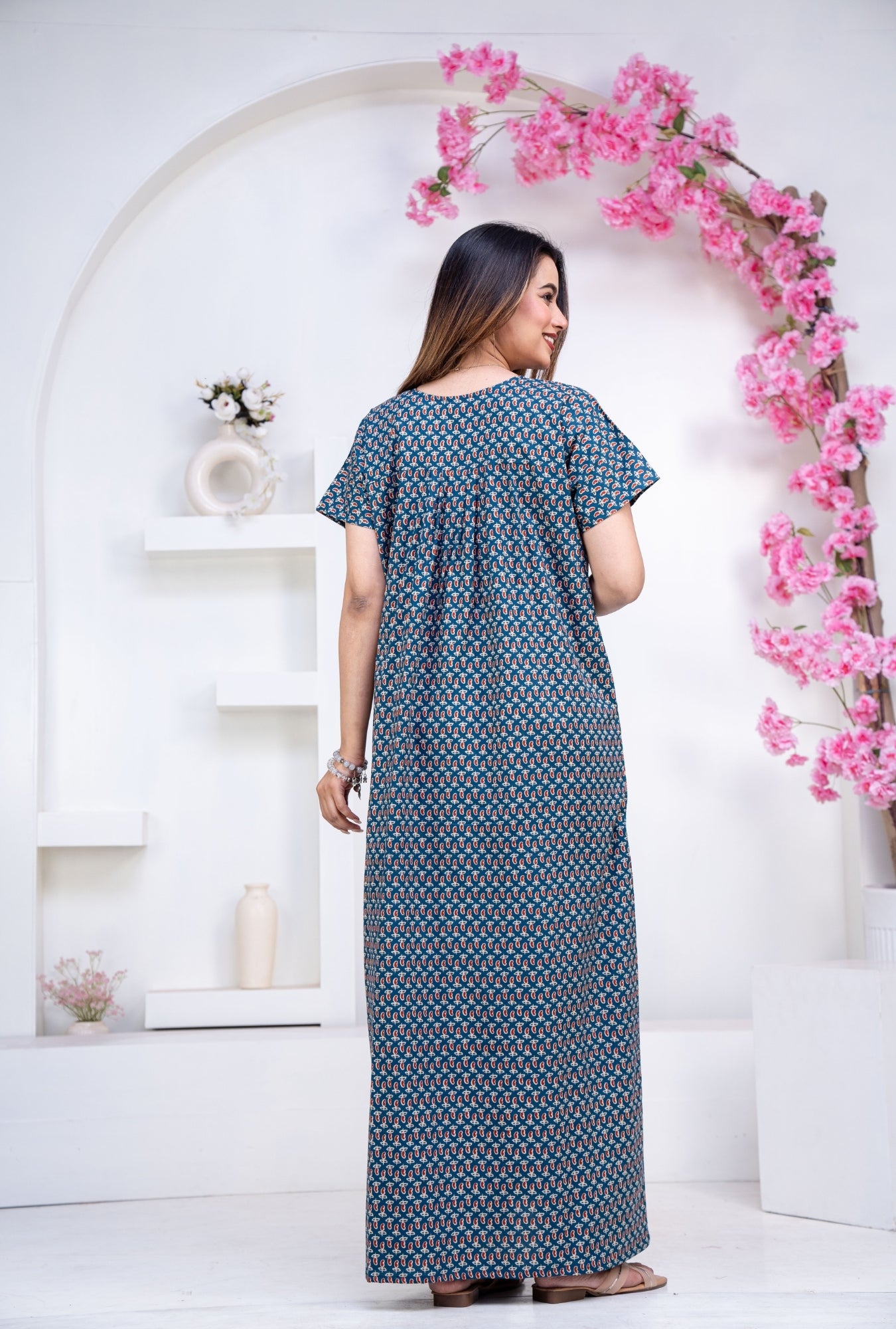 Mango Buti Teal Cotton Printed Nightwear Gowns