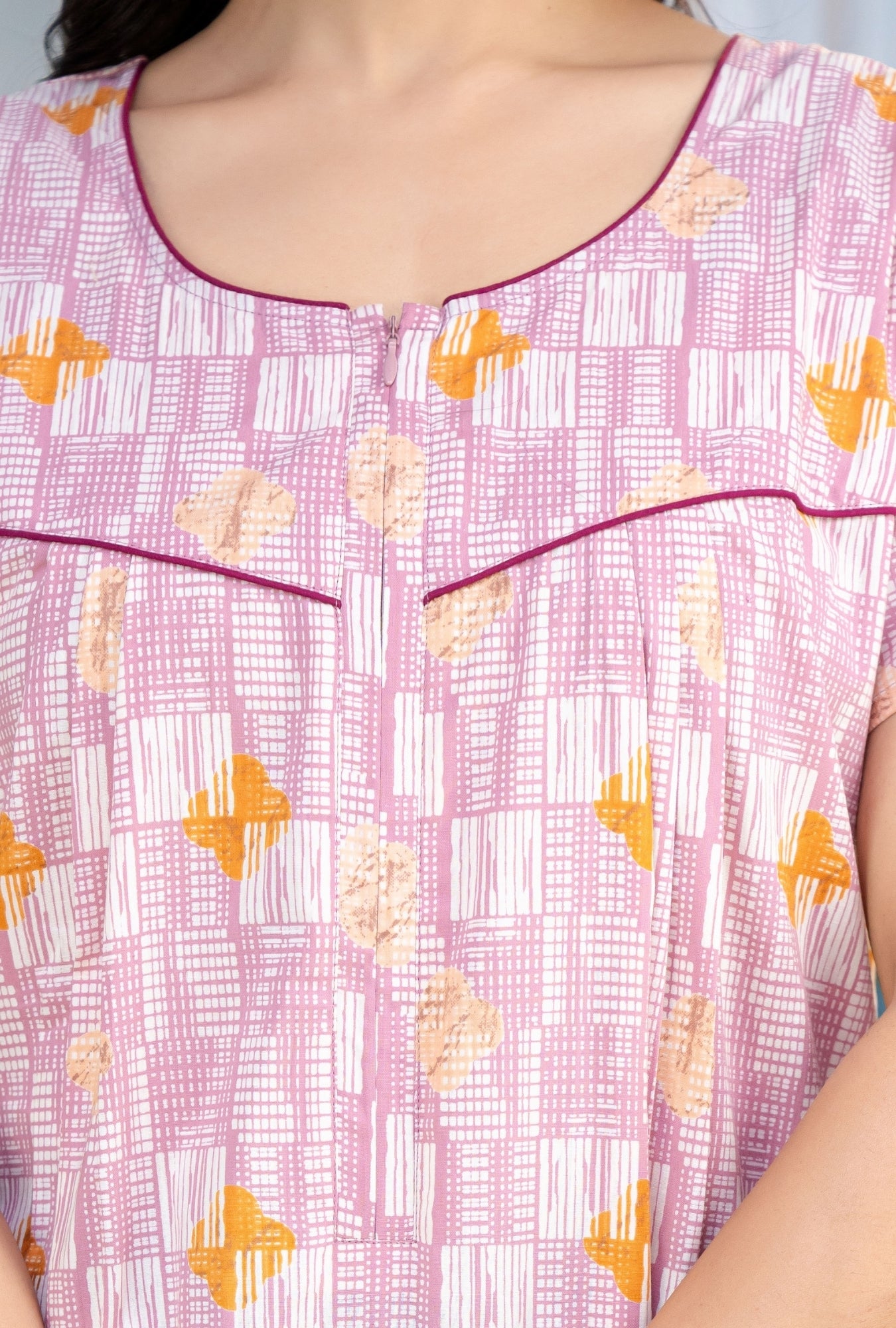 Grid Buta Mauve Cotton Printed Nightwear Gowns