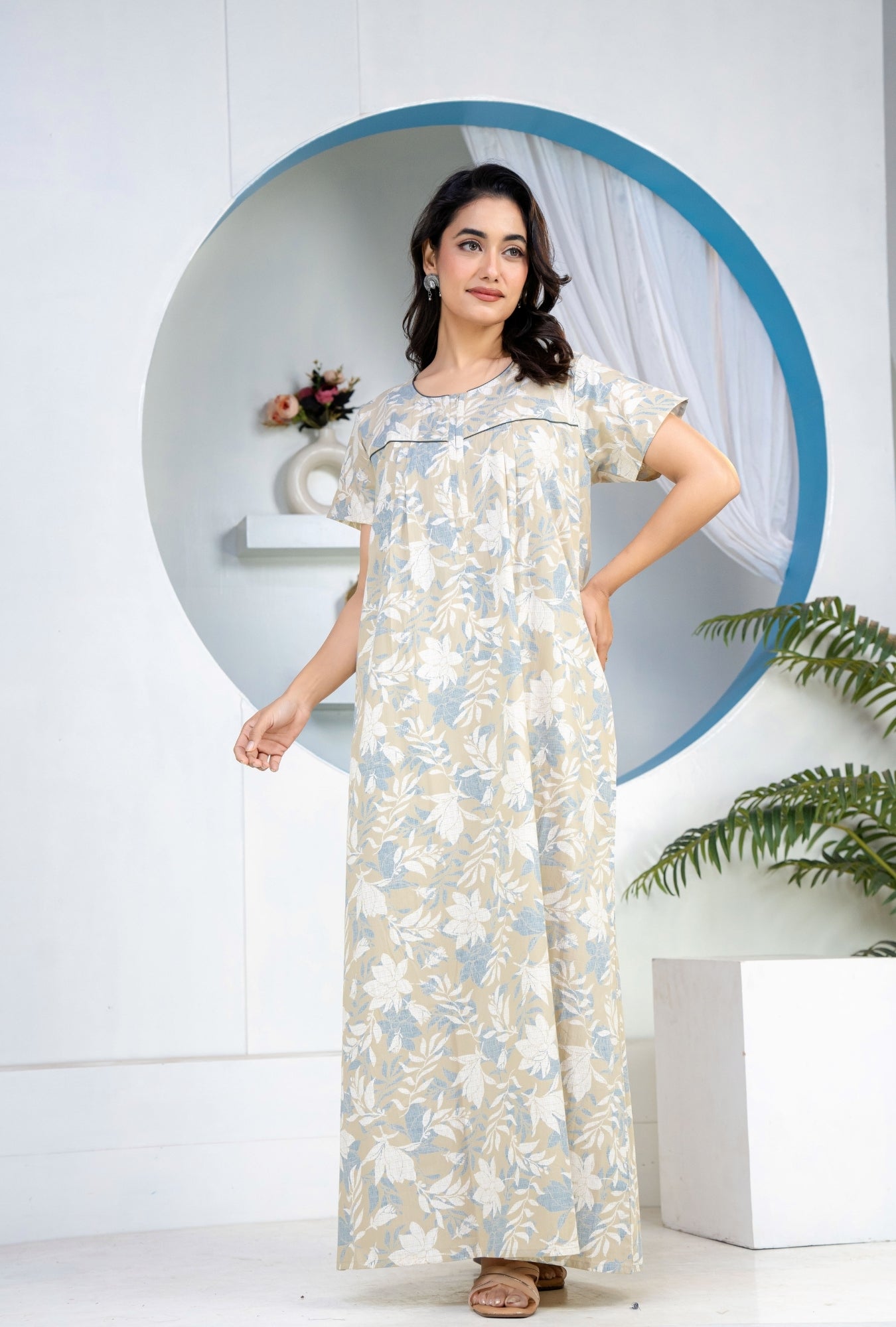 Jali Flower Grey Cotton Printed Nightwear Gowns