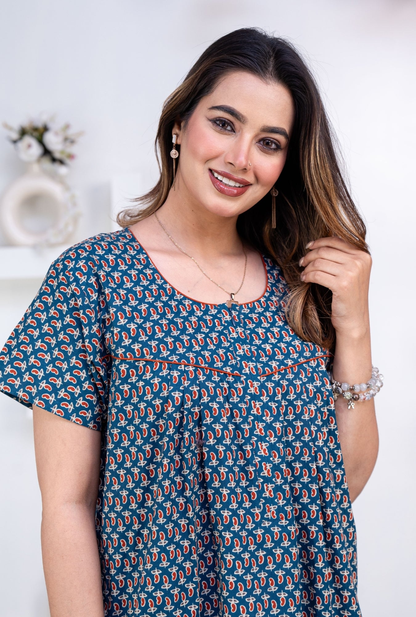 Mango Buti Teal Cotton Printed Nightwear Gowns