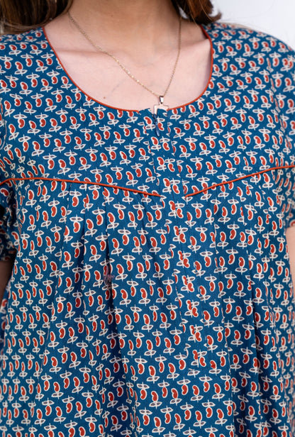 Mango Buti Teal Cotton Printed Nightwear Gowns