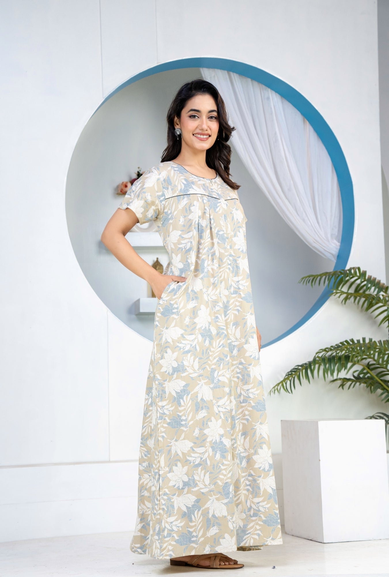 Jali Flower Grey Cotton Printed Nightwear Gowns