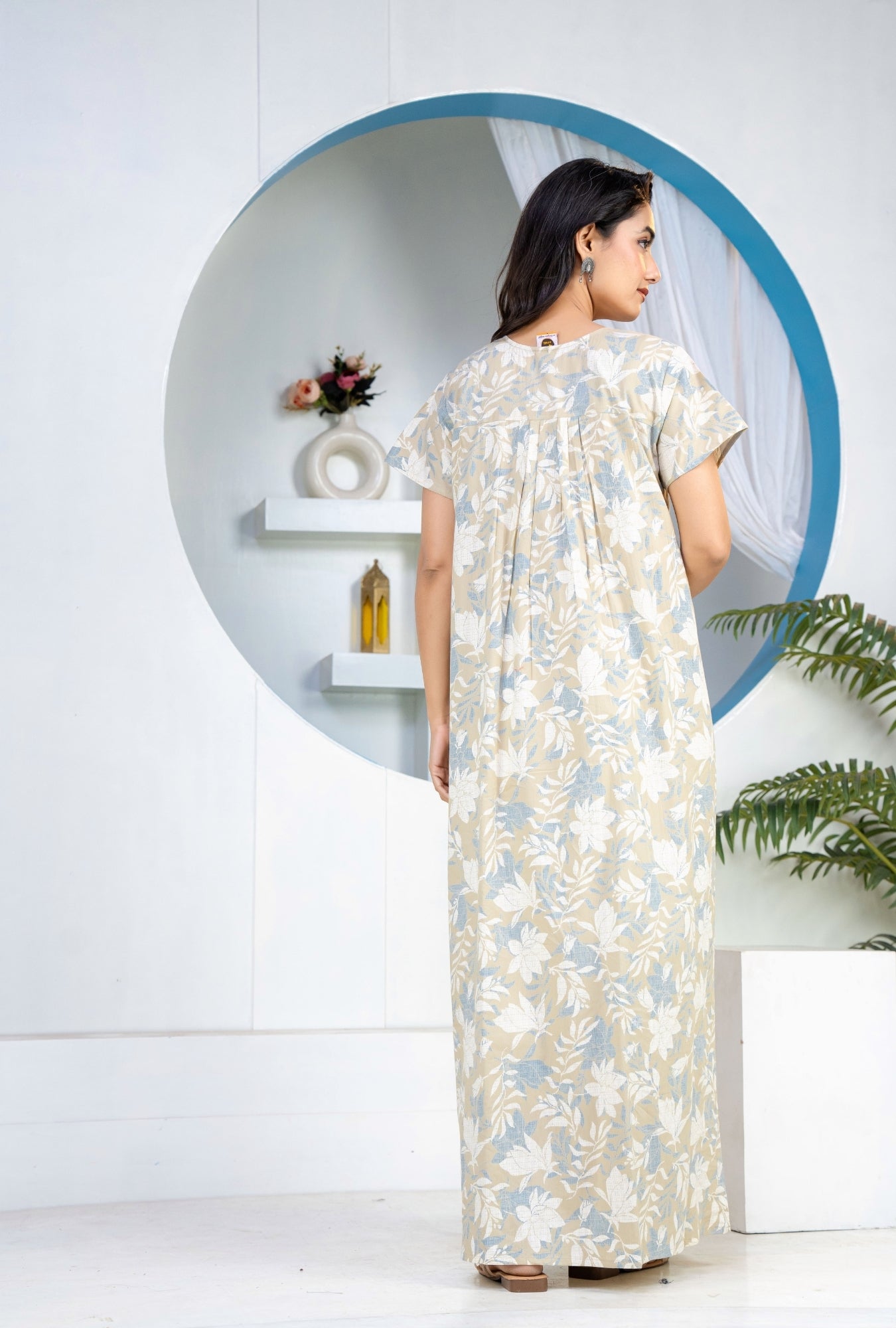 Jali Flower Grey Cotton Printed Nightwear Gowns