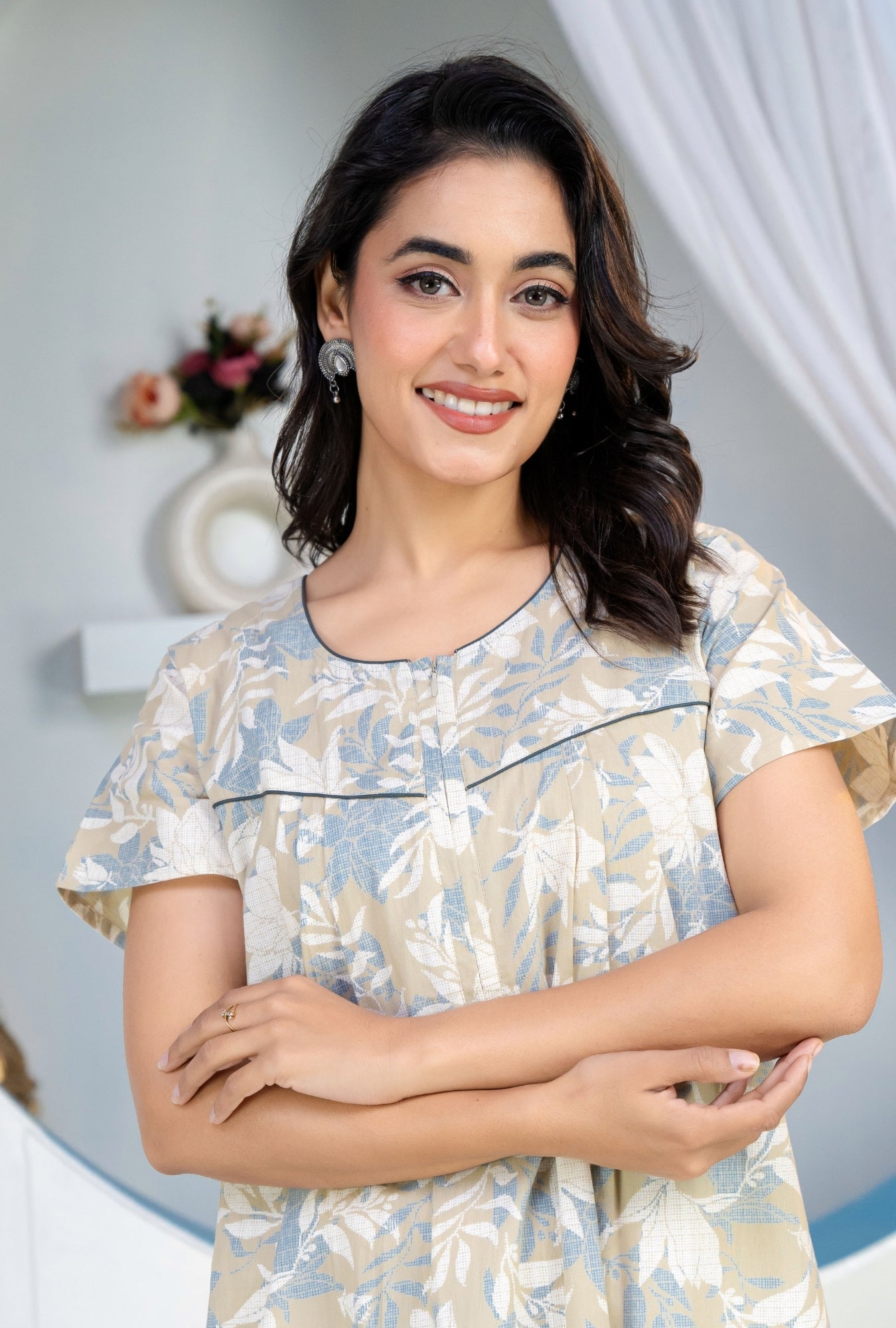 Jali Flower Grey Cotton Printed Nightwear Gowns