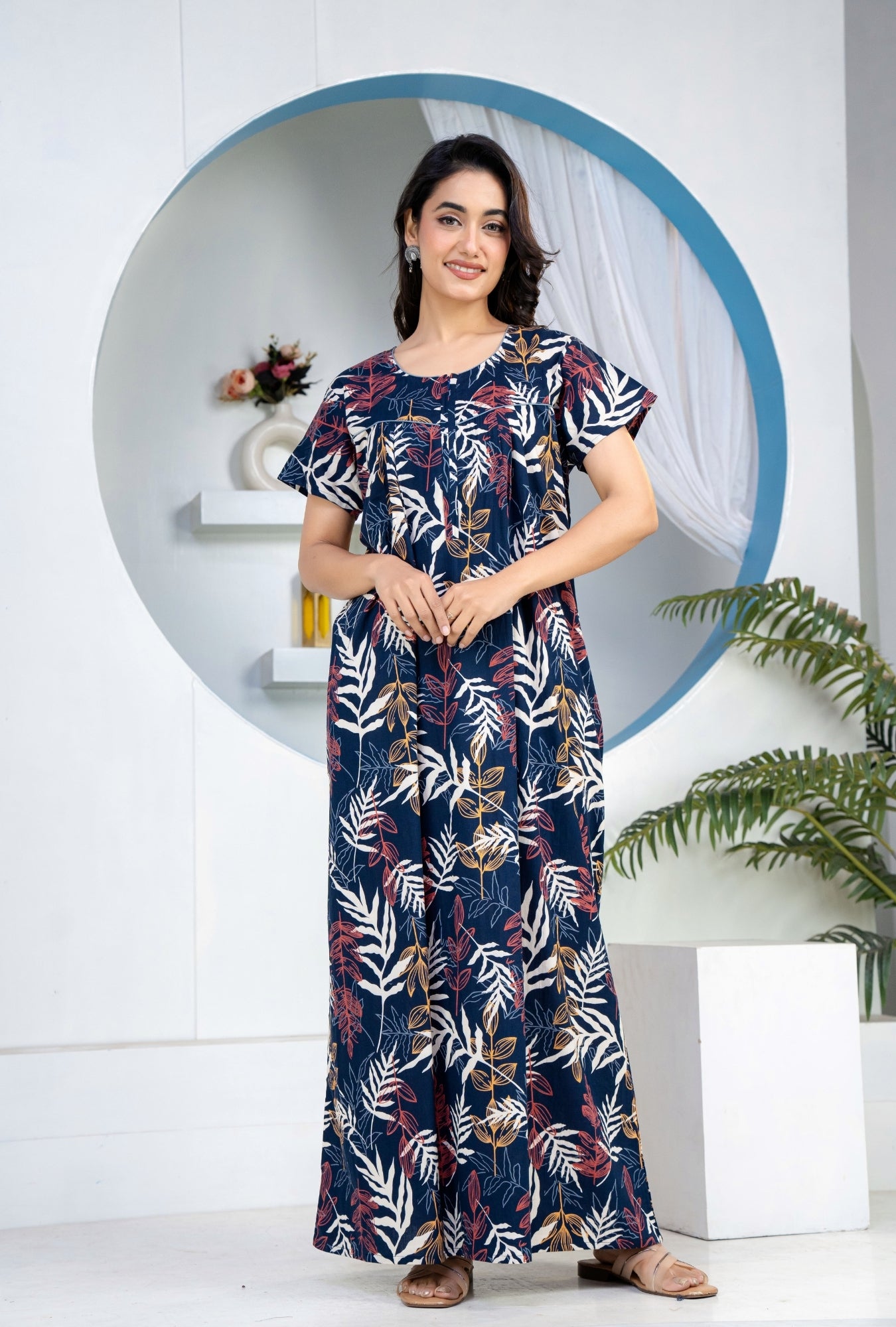 Patravali Navy Blue Cotton Printed Nightwear Gowns