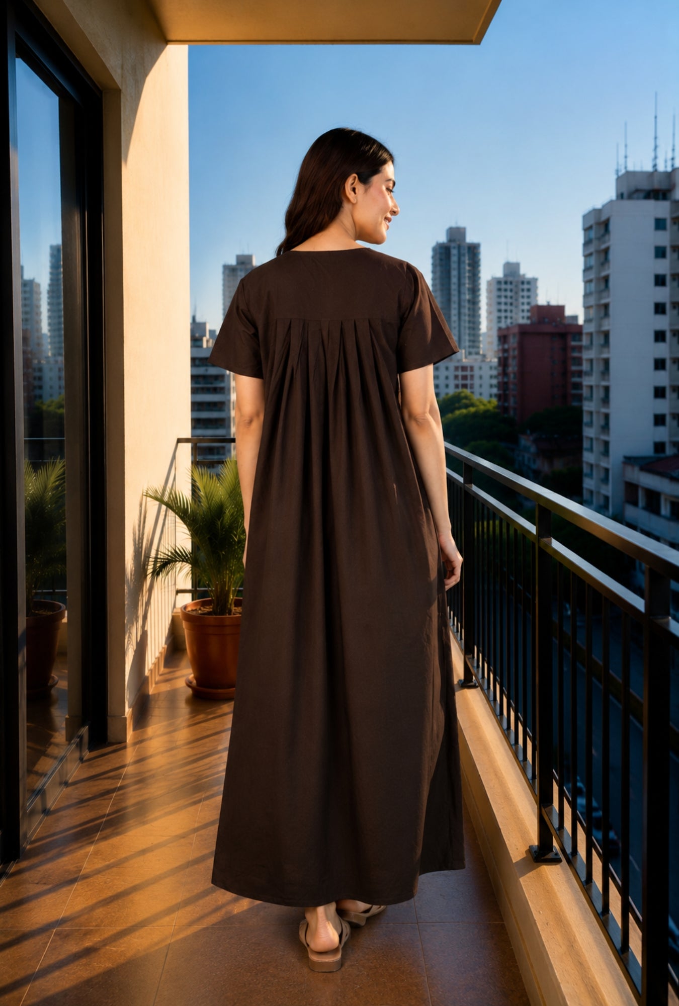 Crimson Bloom Coffee Embroidery Yoke Cotton Night Gown