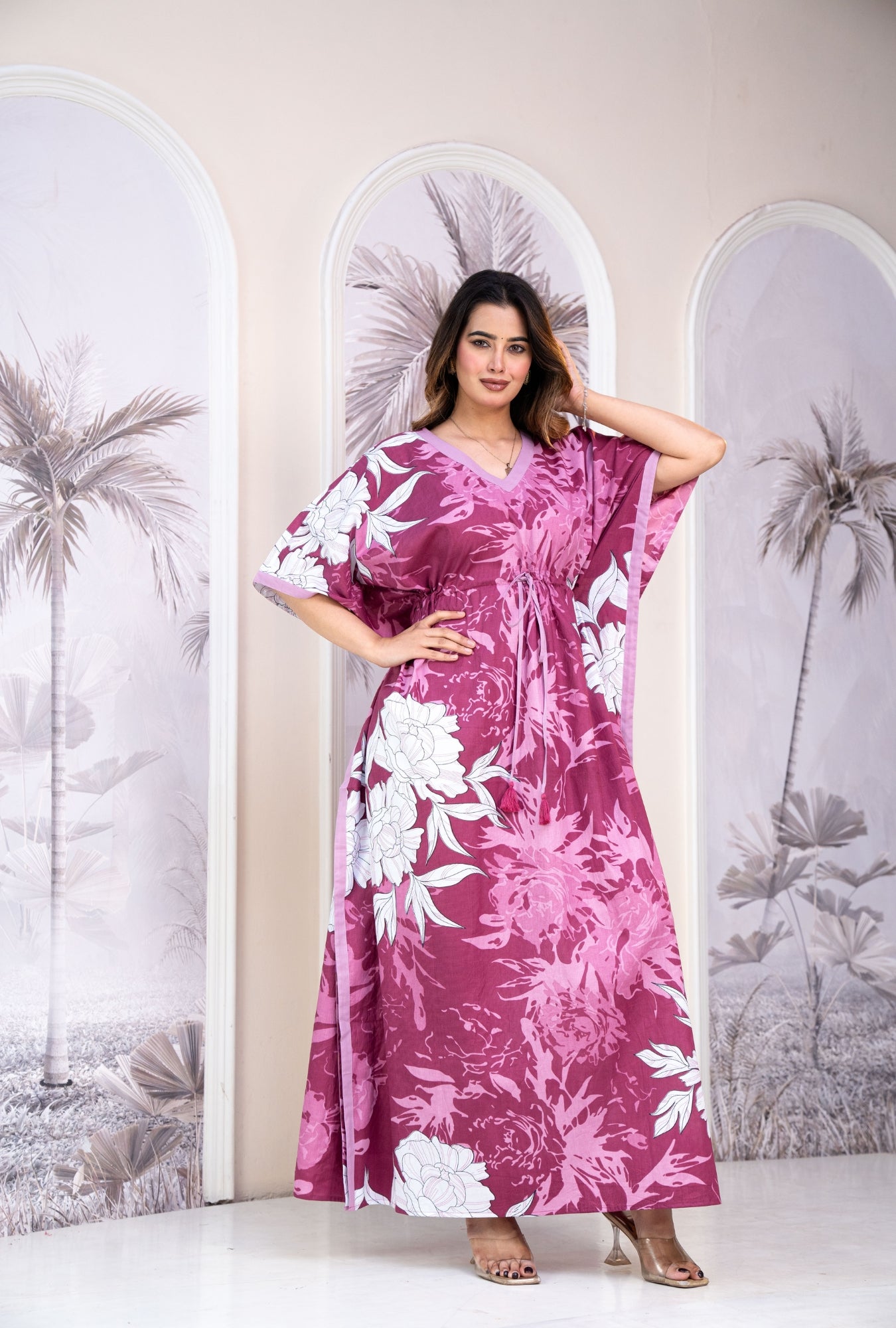 Palm Breeze Pink Loungewear Cotton Kaftan